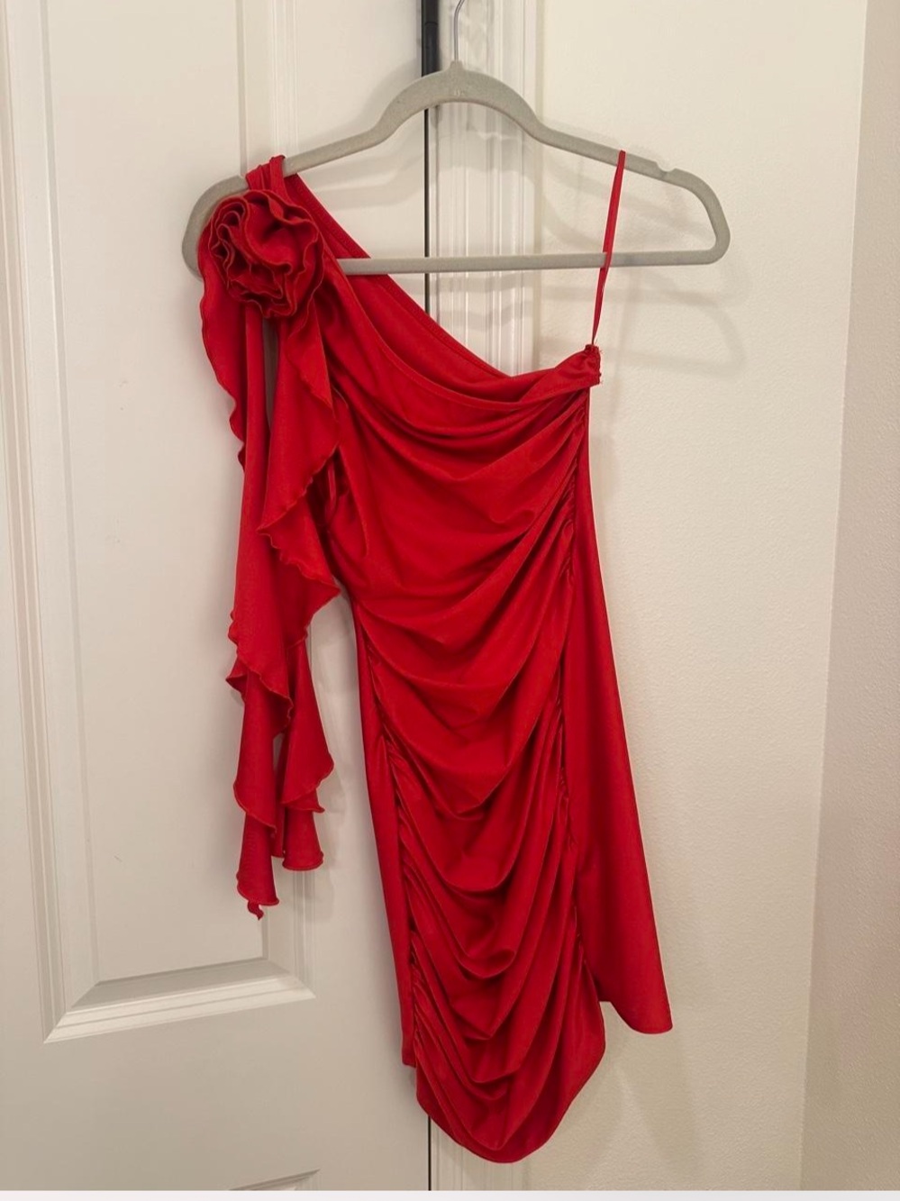Red One-Shoulder Ruffle Draped Dress - Picture 1 of 2